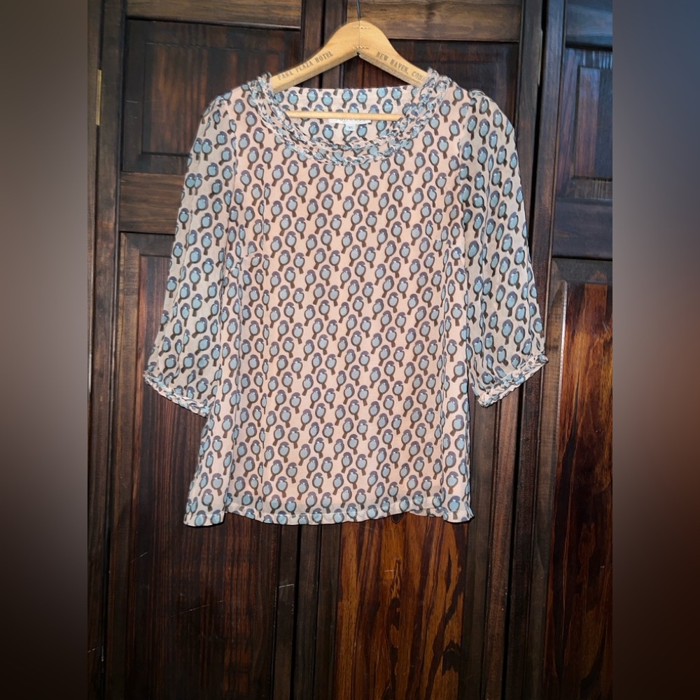 Joy Joy‎ Cream and Blue bird Patterned Blouse